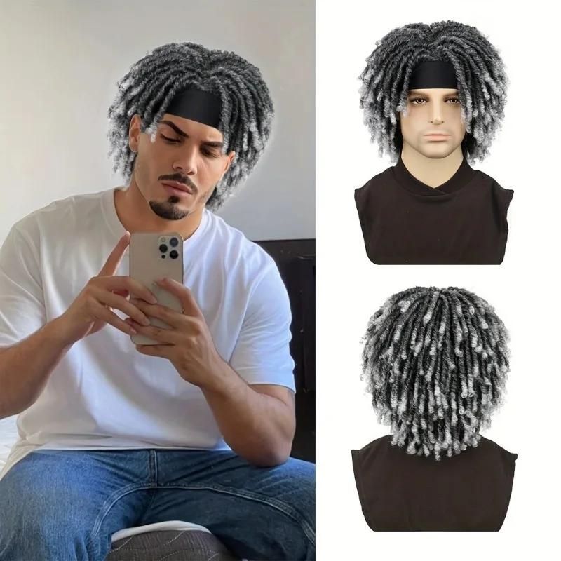 Men's short chain braid wig headband, daily wear synthetic twisted braid wig, Halloween cosplay party hip-hop style hairstyle