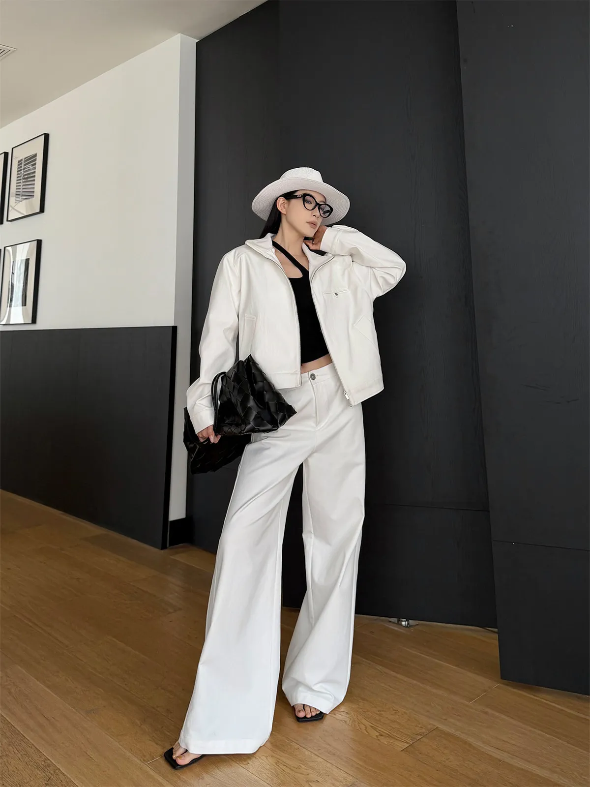 

PAPERLLL Women's Faion Set ort Stand Collar Jaet High Waist Wide Leg Pants Two Piece Suit Spring Season Casual Wear