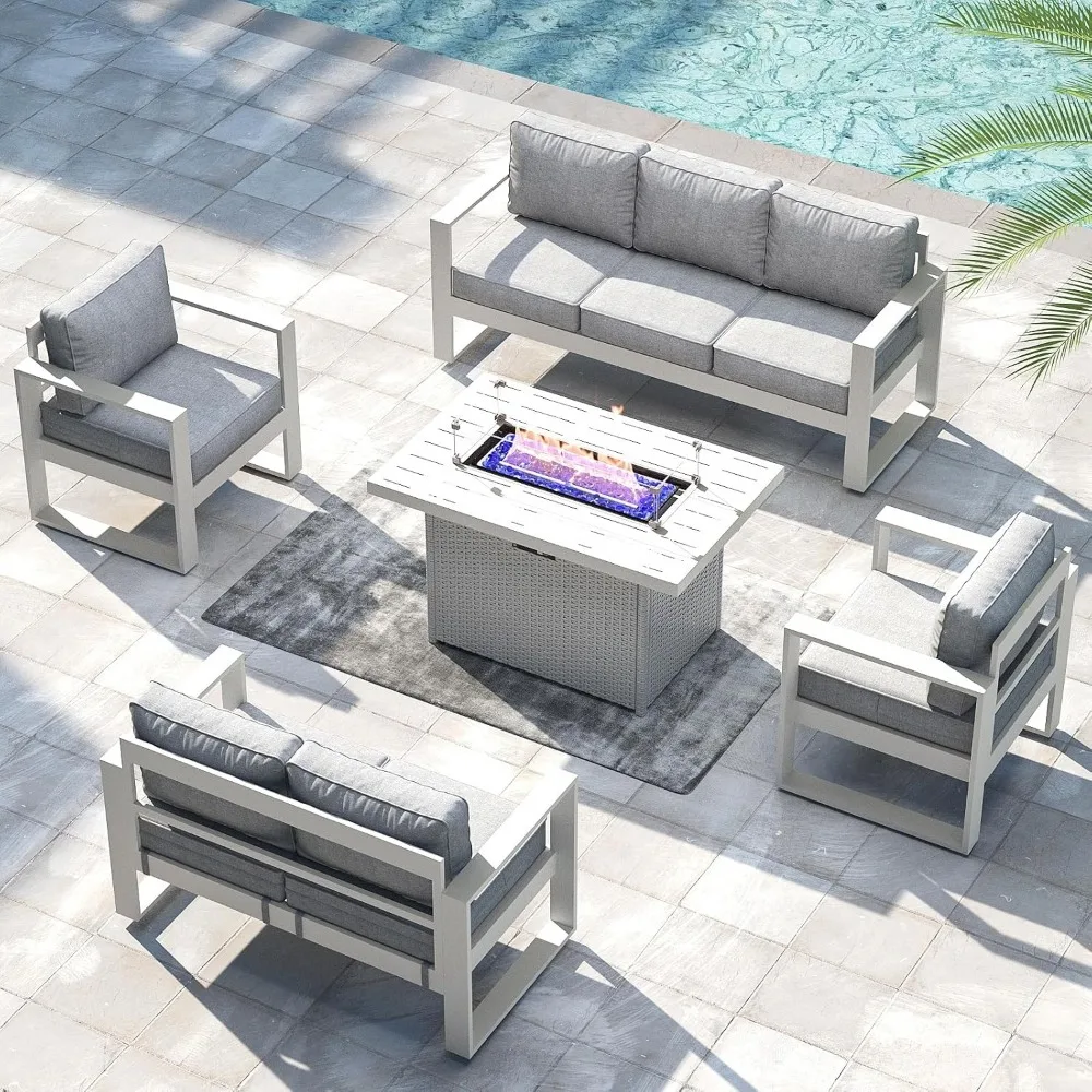 

5 Pieces Aluminum Outdoor Patio Furniture Set, Metal Modern Conversation Sofa Set with Fire Pit Table and Washable