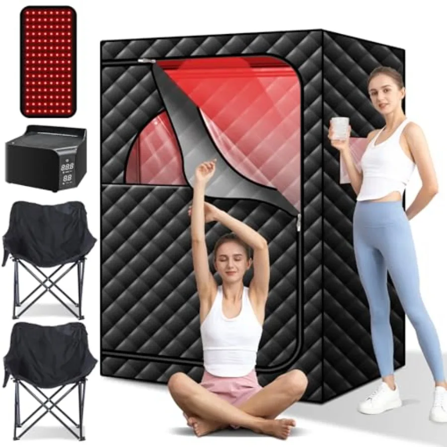 

amocane Portable Infrared Sauna Box with 660nm Red Light Therapy for 2 People Dry Wind Saunas Tent with 2 Large Folding Chairs