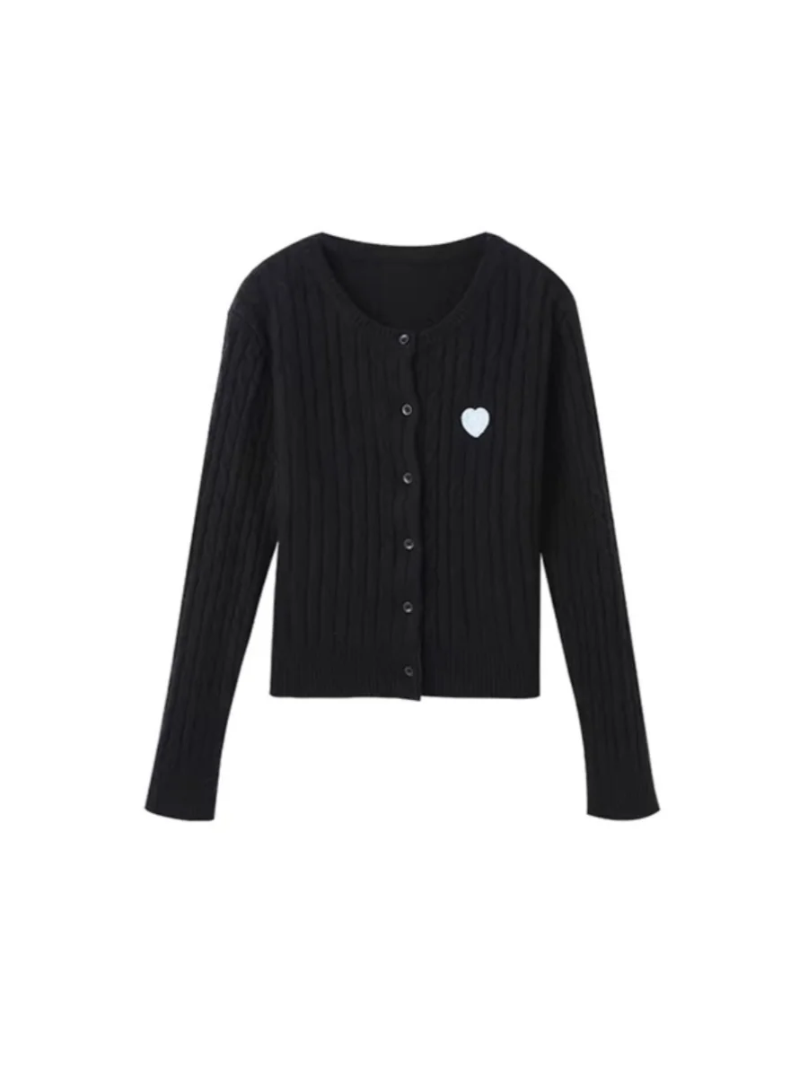 Cardigan in Maglia Intrecciata con Cuore Rosso Ricamato, Versione Giapponese Slim Fit con Bottoni