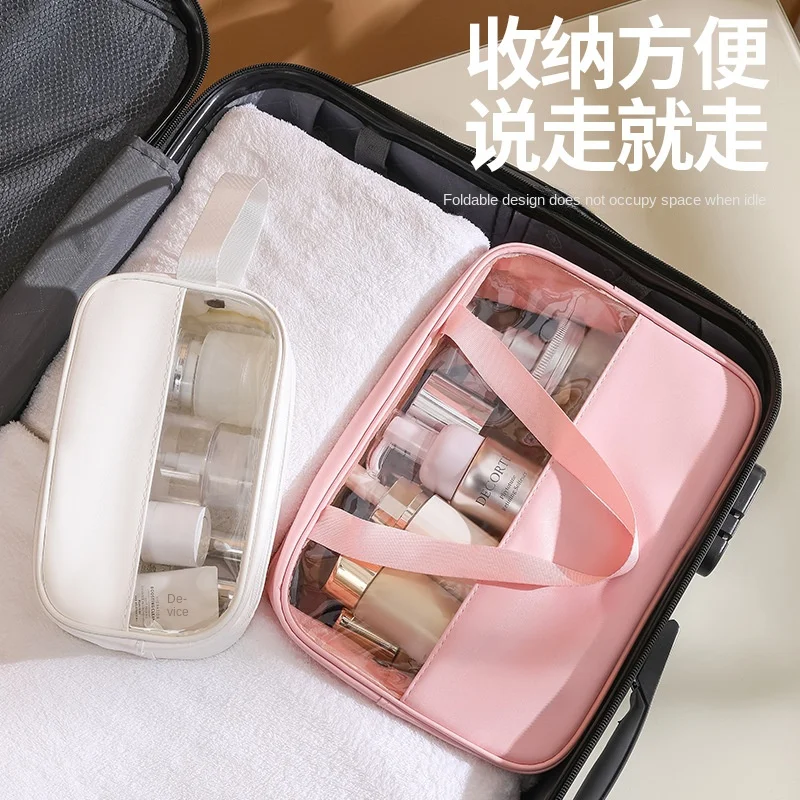 2023 Fashion Transparent Make-up Wash Bag Women Hand-held PU Waterproof Large Capacity Storage Bags PVC Splicing Cosmetic Cases