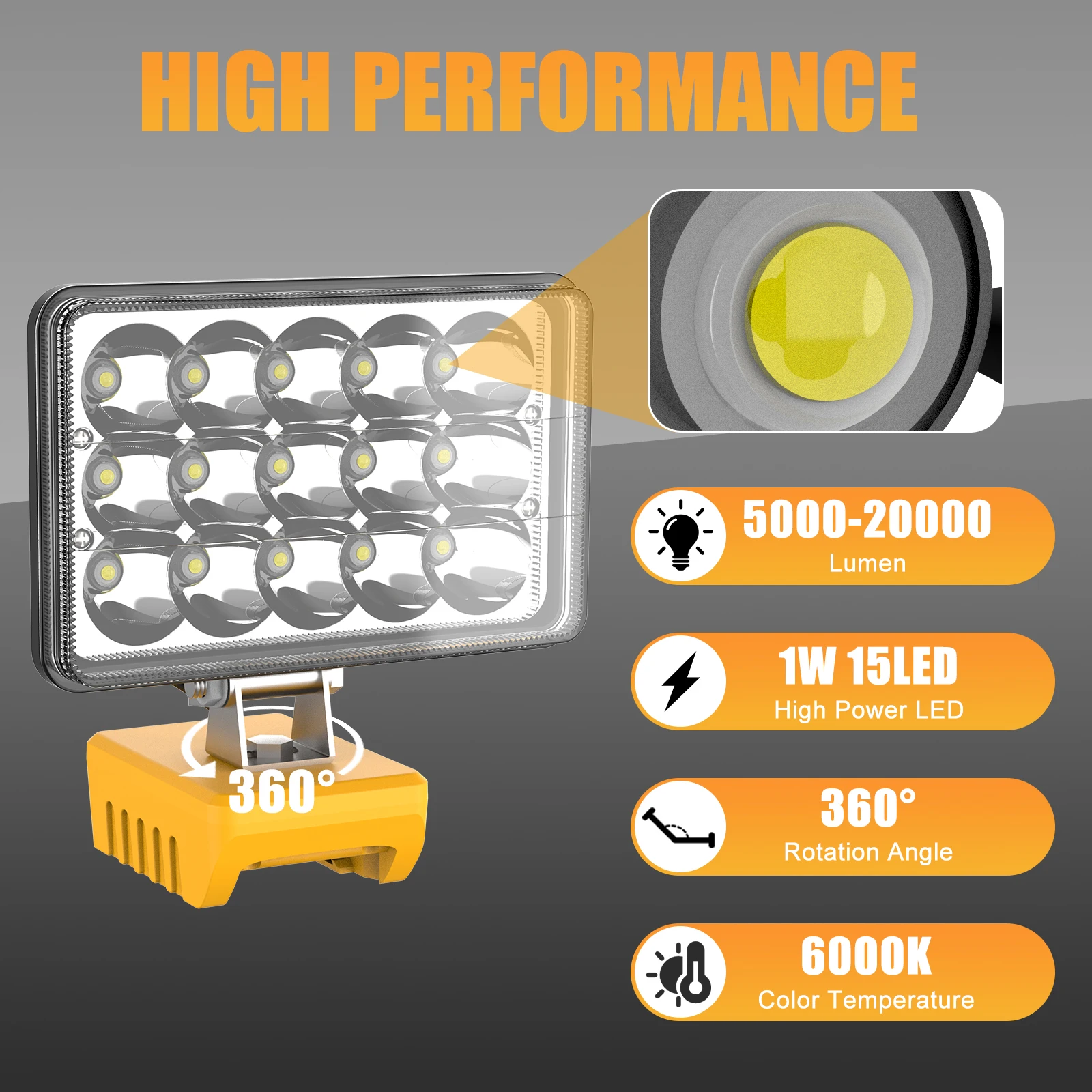 5000-20000LM High Power LED Beads LED Work Light Cordless Work Light Adjustable Base Rechargeable LED Flood Light for DeWalt