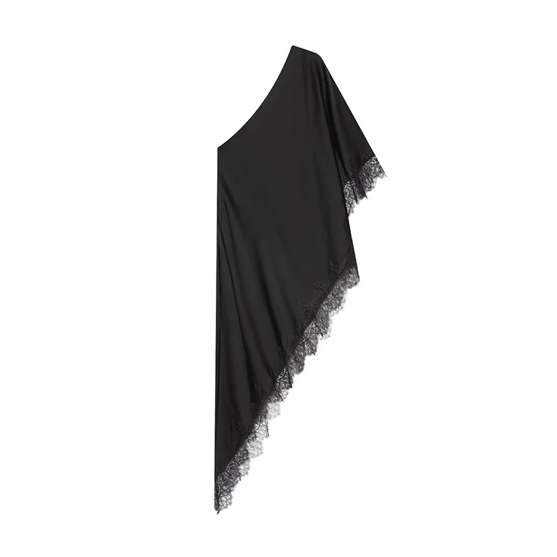 

New Women's Tops Fashion Satin Lace Splice Asymmetrical Tops Women Sexy Off-shoulder Tops Female Chic Tops