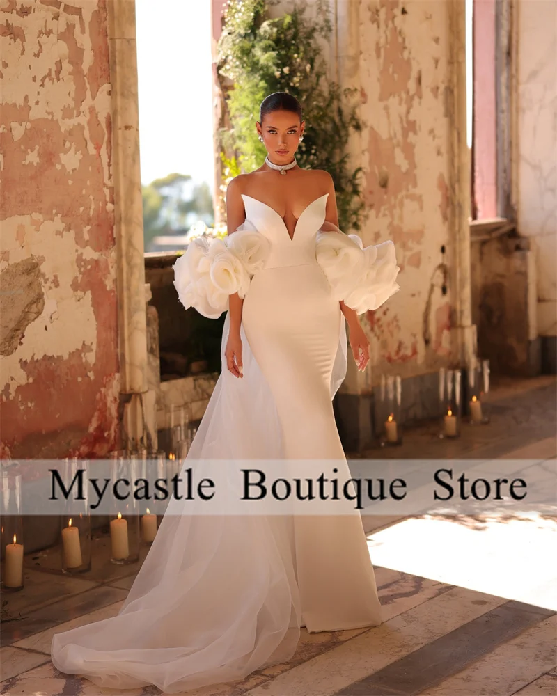 

White Satin V-neck Mermaid Wedding Dresses 2025 Ruffles Lace Floor-Length Bride Gown Formal Dress Customized Vestido De Novia