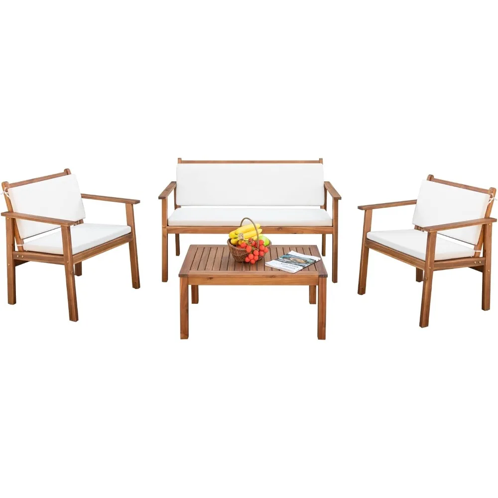 Patio Furniture 4 Piece Acacia Wood Outdoor Conversation Sofa Set with Table & Cushions Porch Chairs for Garden