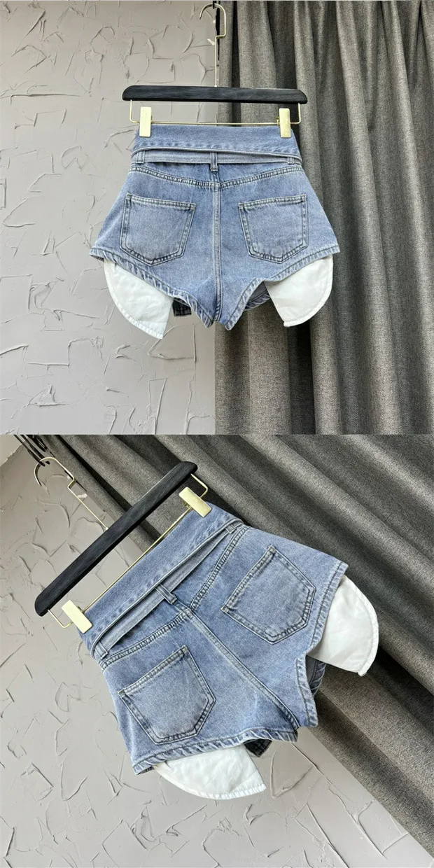 Korean Design High Waisted Wide Leg A-line Shorts Green Denim Hot Pants for Women Jeans