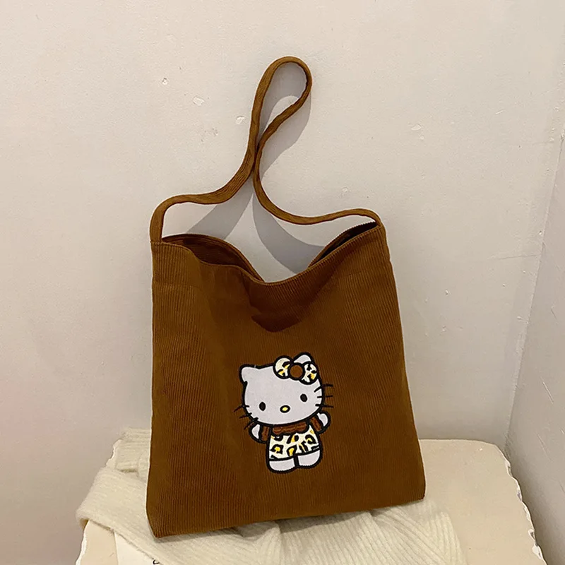 Olá kitty dos desenhos animados bolsa de veludo marrom grande capacidade todos os jogos bolsa de ombro moda leopardo impressão crossbody saco presente