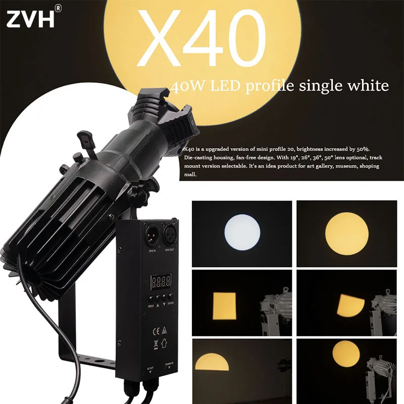 Fixed Degree Leko Ellipsoidal Lights 3200K 40W 19° and 36° LED Profile Spotlight COB Gobo Follow Projector for Stage Lighting