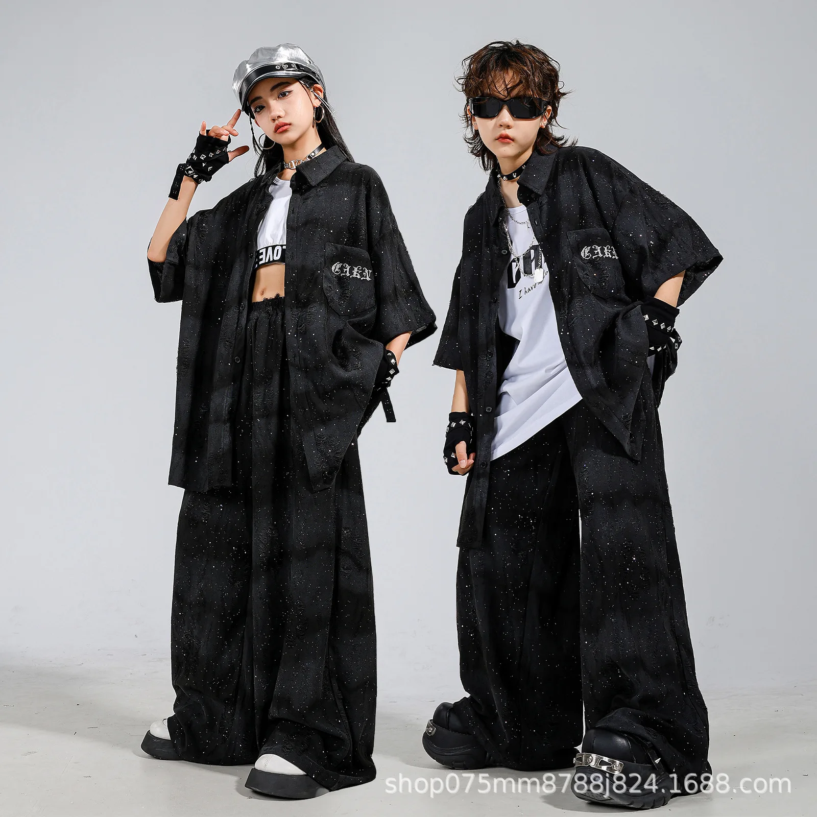 新しいジャズダンスパフォーマンス衣装女の子のためのルーズシャツヒップホップパンツルーズ衣装モダンヒップホップダンスレイブ服-dqs23866
