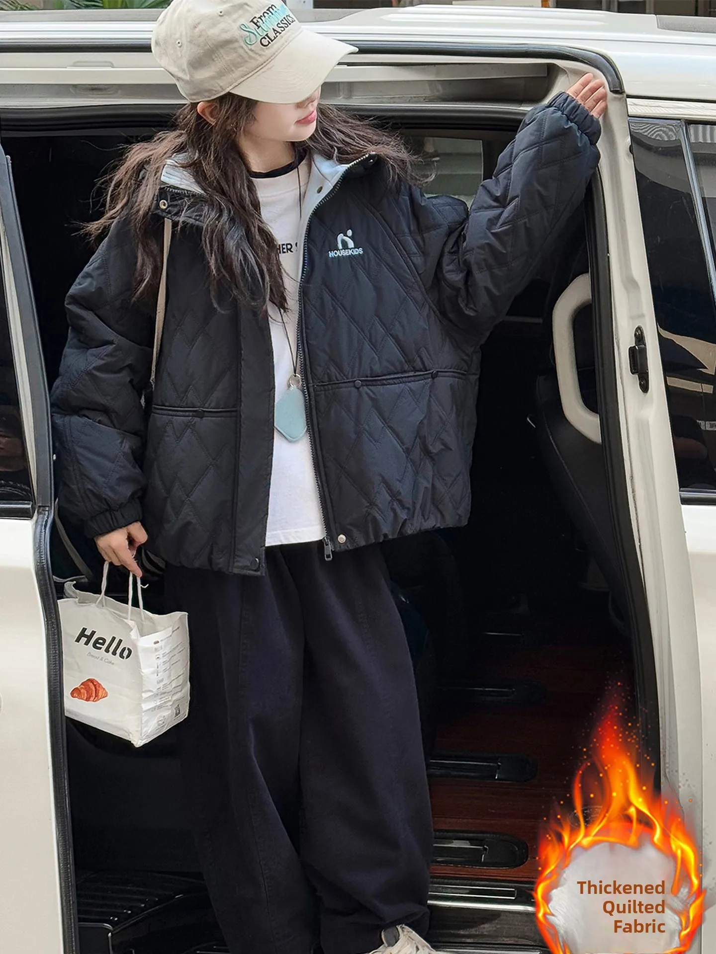 

Thickened Cotton Jacket for Girls Winter Diamond Patterned School Uniform Middle School Students Large Children's Cotton Coat