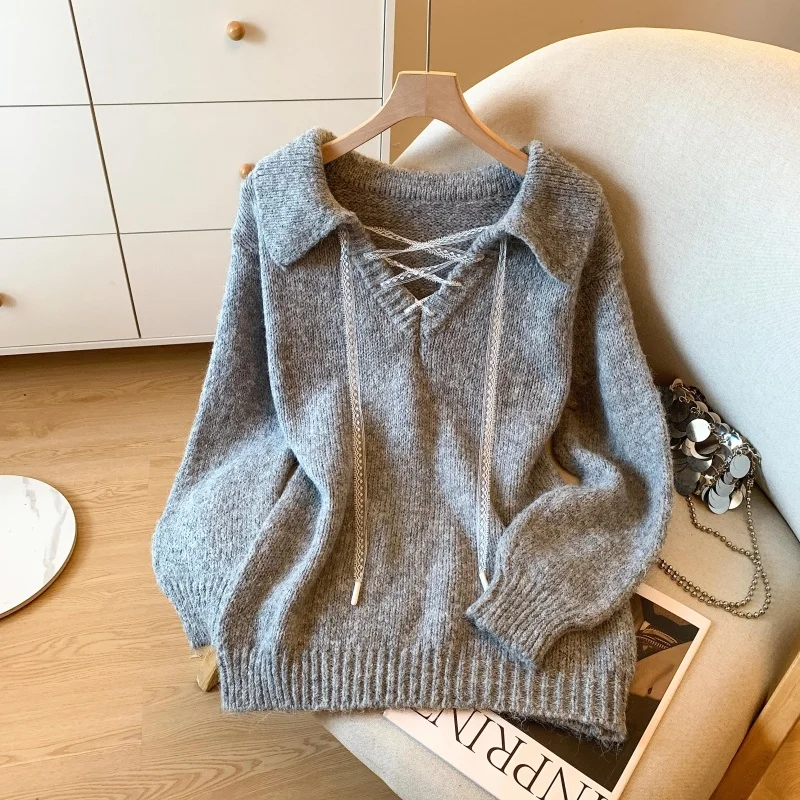 Women's Beige Casual Sweater Hollow Collar Long Sleeve American High Street Fashion Retro Loose Winter Top Sweater Clothes