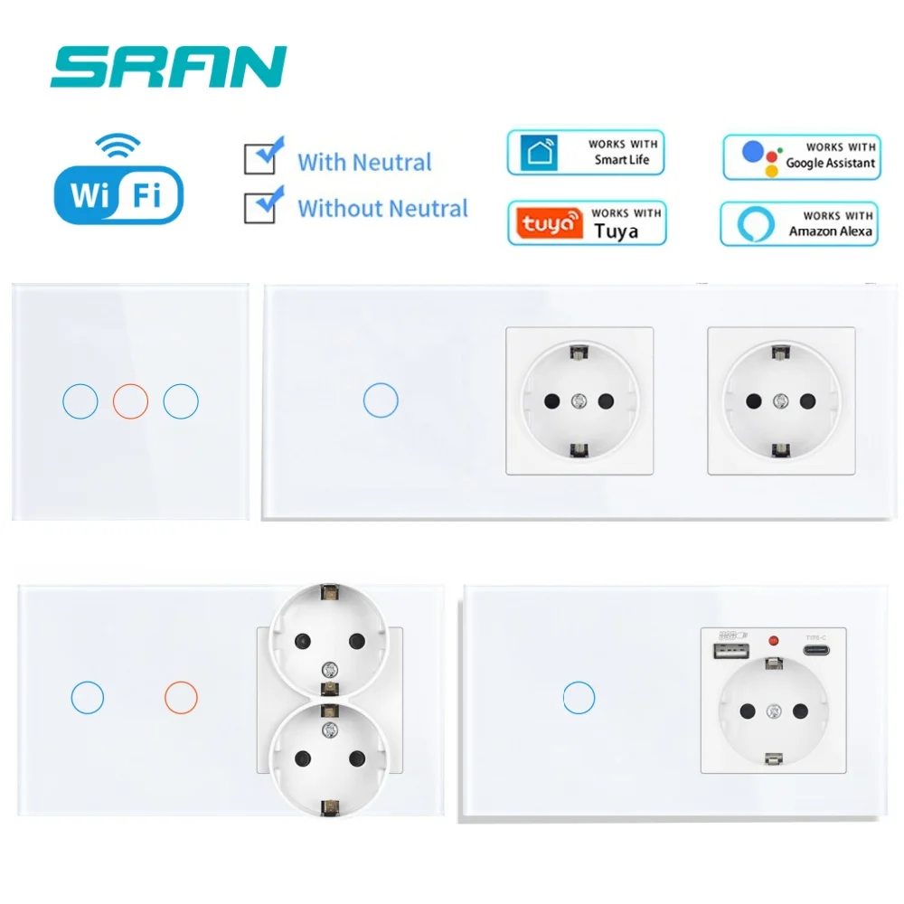 SRAN Smart Switch with Wall Socket 16A EU, Tuya Smart Life Home Touch Sensor WiFi Light Switches White