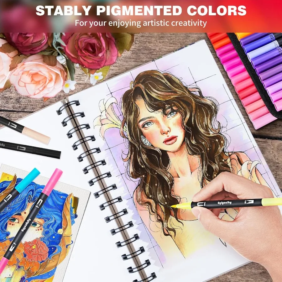 أقلام تحديد ذات فرشاة مزدوجة للكبار وكتب التلوين 100 لون نابض بالحياة مع نقطة دقيقة وتصميم طرف الفرشاة مثالي للتفصيل #6