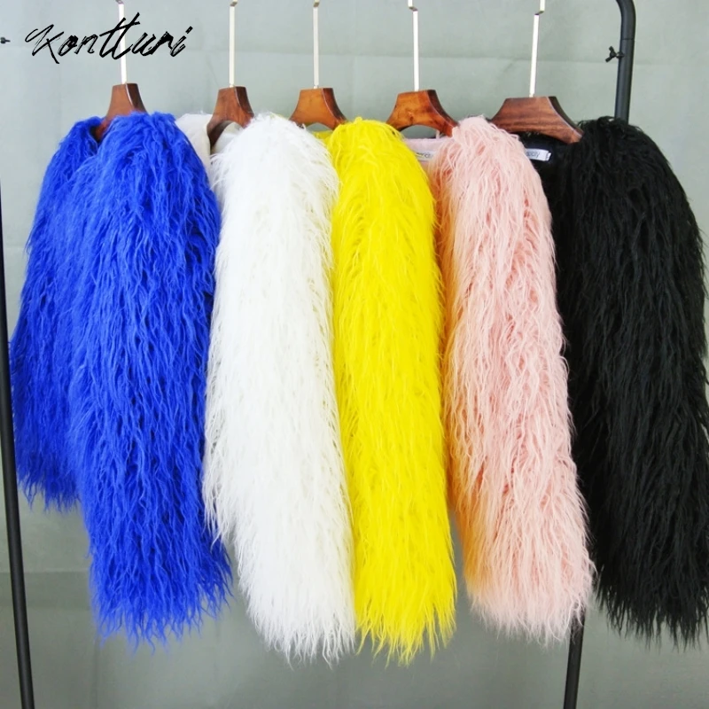 Kontturi Winter Faux Fur Coats For Women 2024 Loose Pink Plush Coat Black Shaggy Jackets Female Casual Colorful Warm Outerwear