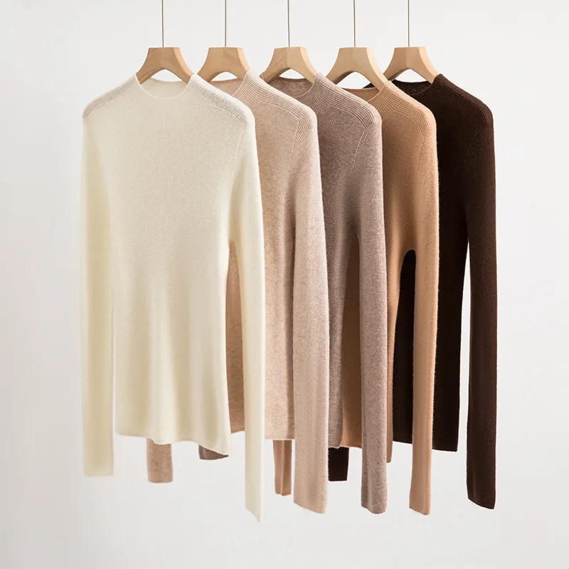 

Seamless One-piece Woolen Sweater For Autumn And Winter, Solid Color Semi High Neck Base Knit Sweater For Women Slim Fit