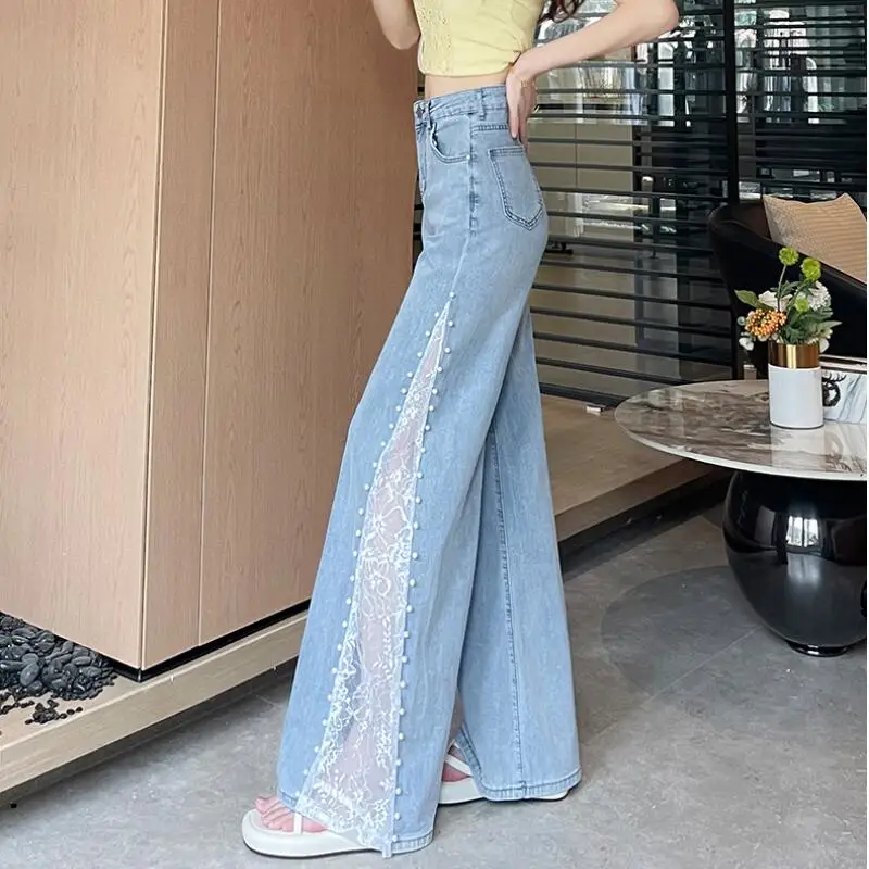 

Bestselling Hot 2026Spring Autumn New Fashiona Women Wear Blue Lace Nail Bead Splicing Thin Jeans Elegant Stylish Wide Leg Jeans