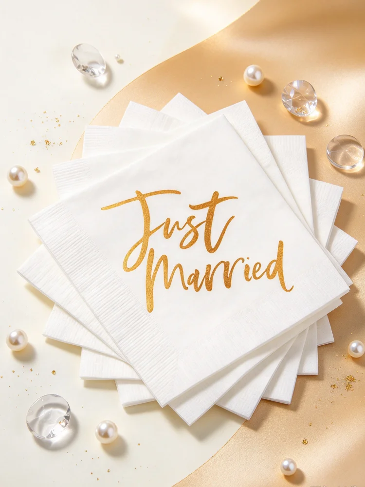 Just Married Printed Party Napkins, Wedding Cocktail Beverage Napkins for Reception Dessert Table Celebration Favors