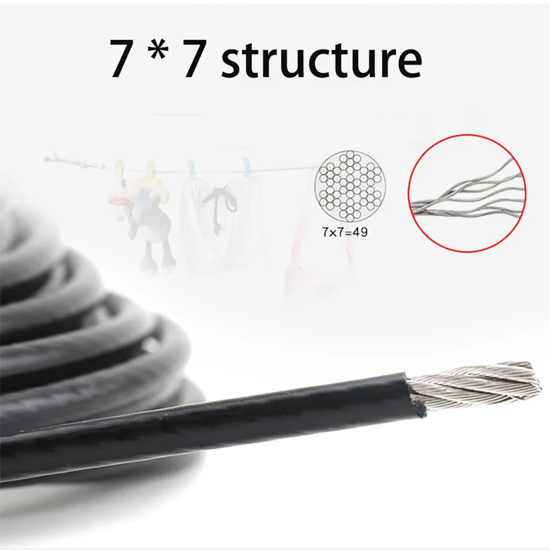 304 Stainless Steel Black PVC Coated Wire Rope After Coating Dia 1mm-2mm 10/20 Meters 7*7 Structure Soft Wirerope Steel Wire