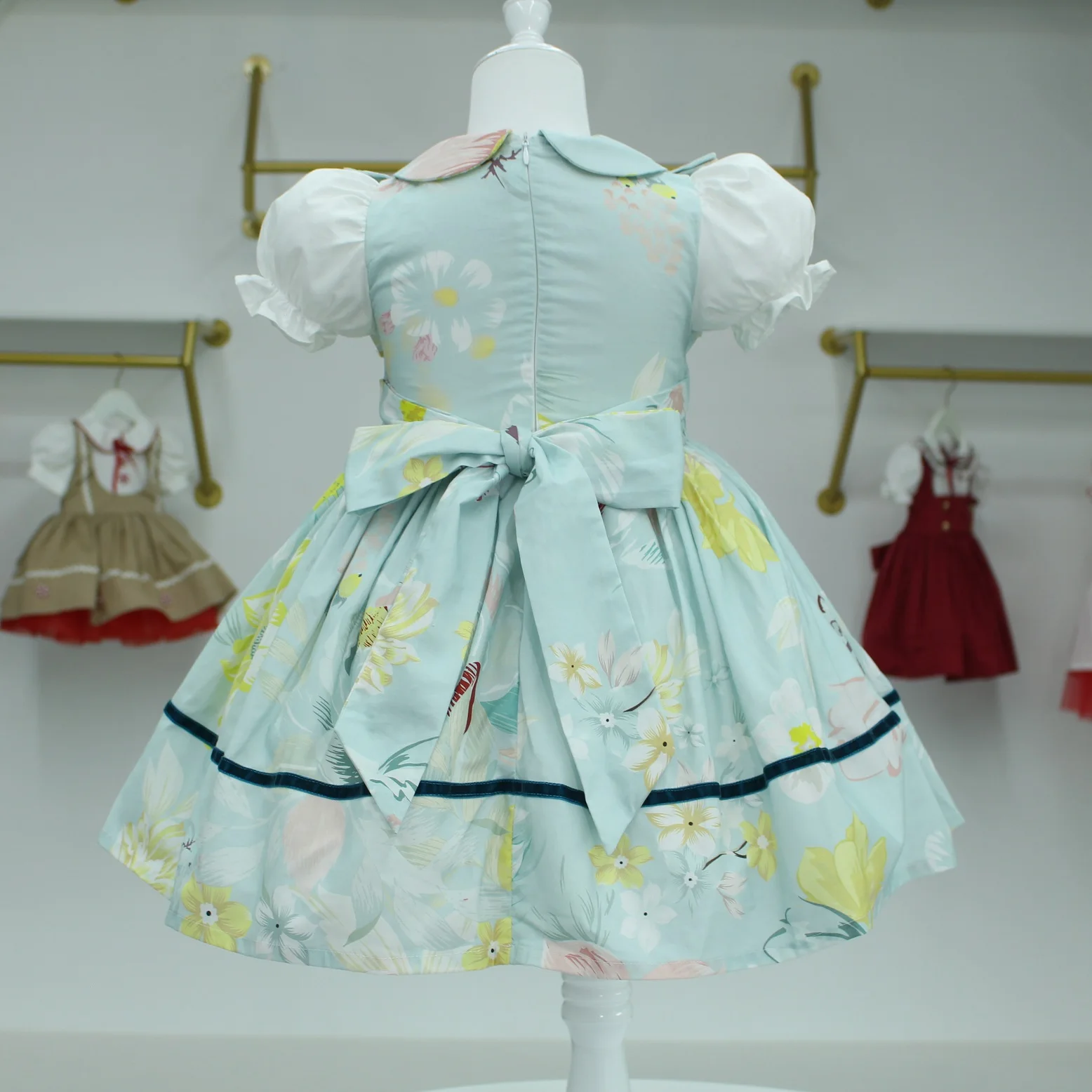 0-12Y Baby Girl Summer Rose Floral Blue Turkish Vintage Lolita Princess Ball Gown Dress for Birthday Holiday Casual Eid B195