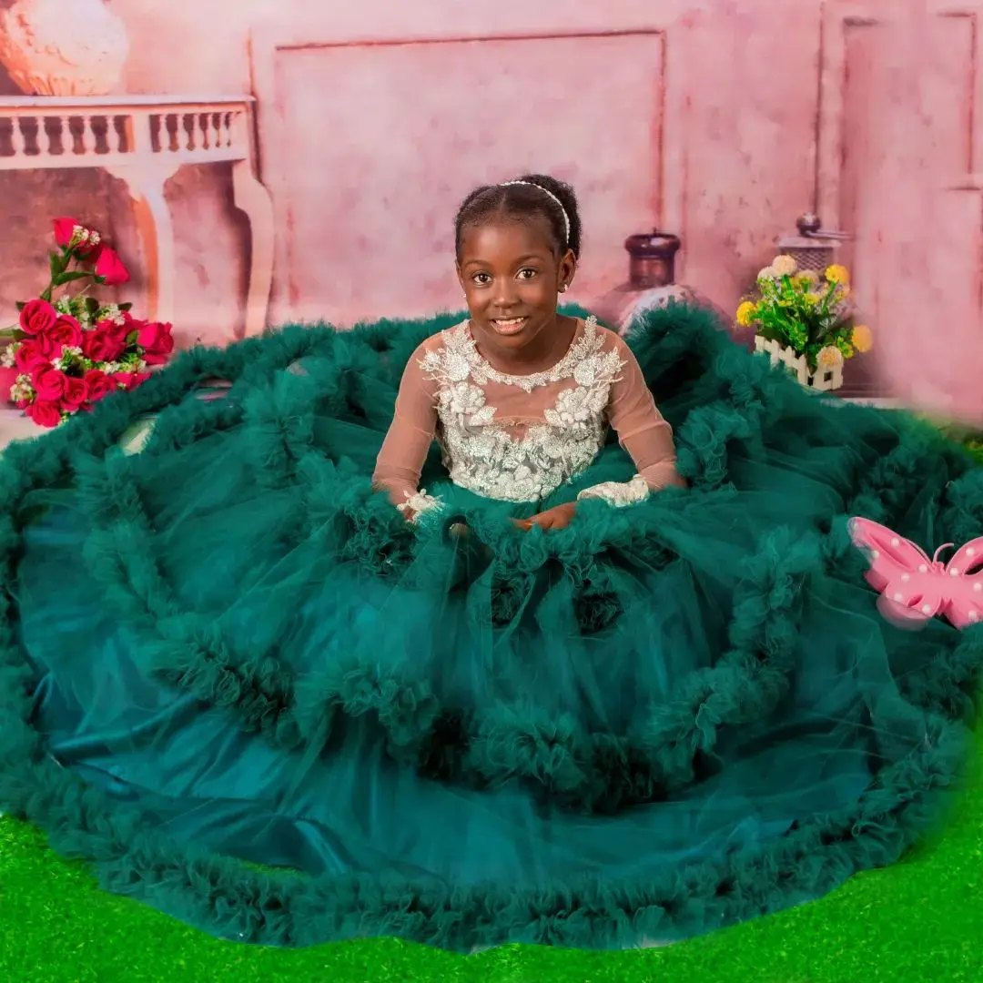 

Dark Green Girl Birthday Dress Tiered Flower Girls Dresses for Wedding Customized Lace Girl Baby Party Gowns for Photoshoot