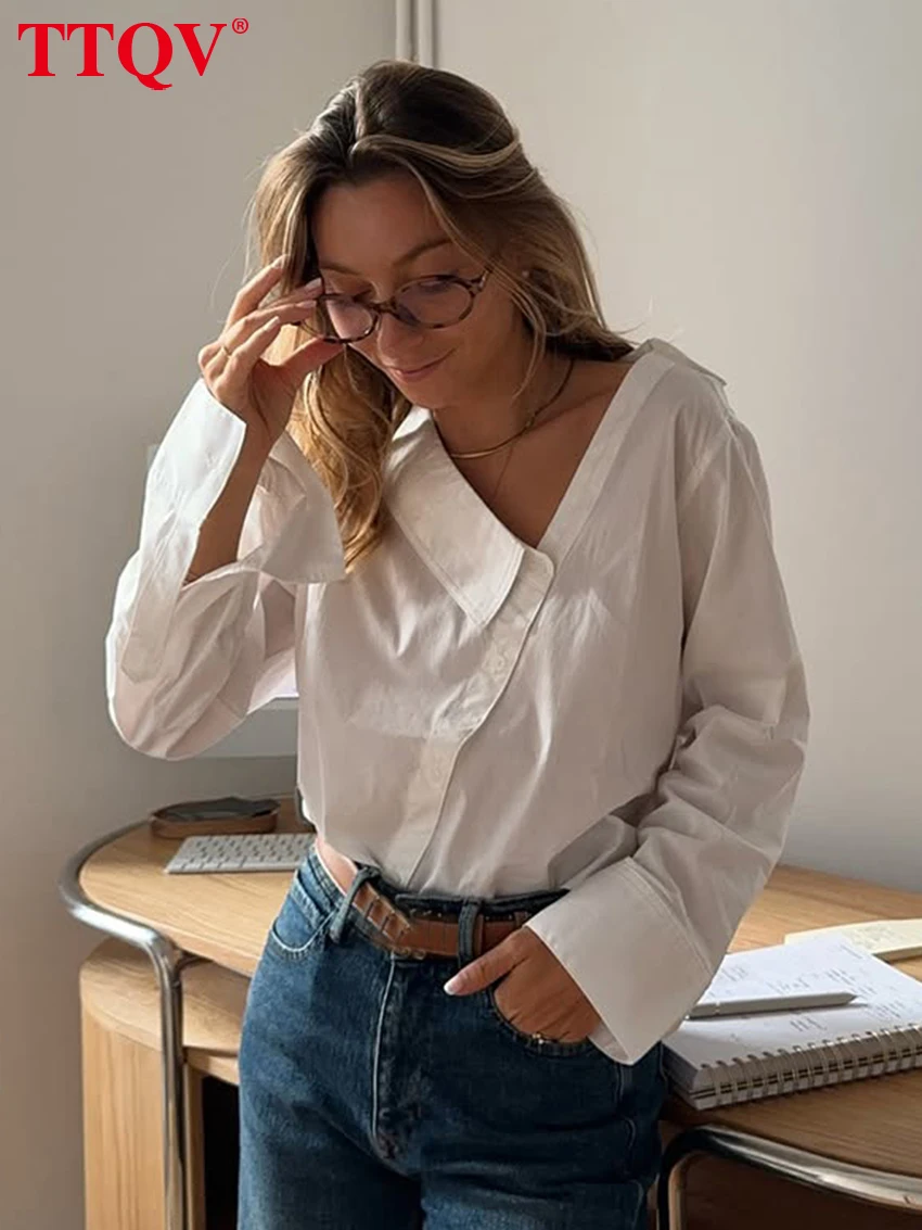 

Модная свободная женская блузка TTQV из белого хлопка, весна 2026, с отложным воротником, длинным рукавом, элегантная классическая однотонная женская рубашка, верхняя одежда