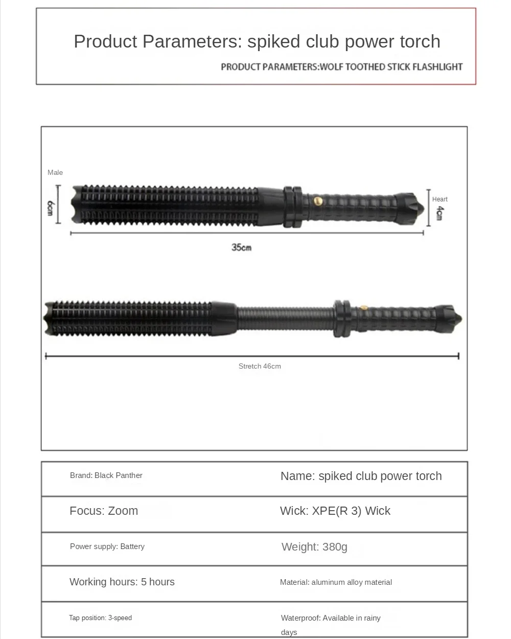 Rechargeable LED Flashlight, Self Defense Survival Multitool For Telescopic Spiked Club Led Security, Outdoor Patrol