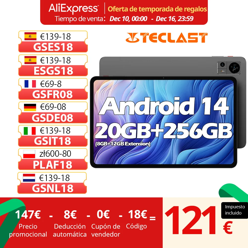 2024 TECLAST T60, Android 14 tablet, 12 inch 2K FHD 2000x1200, (8GB + 12GB)20GB RAM, ROM 256GB, 8000mAh, fast charging, UNISOC T616, 8 cores, 4G VoLTE, Wifi, 13MP + 5MP