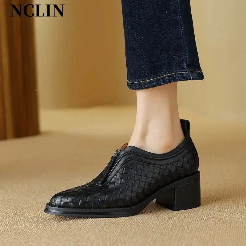 New Spring Genuine Leather Women Shoes Round Toe Women Pumps Shoes for Women High Heel Chunky Heel Shoes Zapatos Mujer Loafers