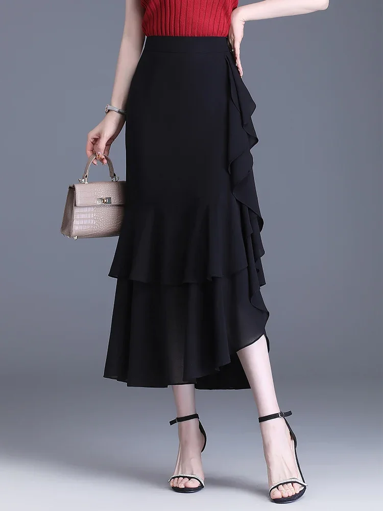 Fashion Irregular Fishtail Chiffon Skirts Elegant High Waist Summer Luxury Party Skirt Female Ruffles Long Skirts