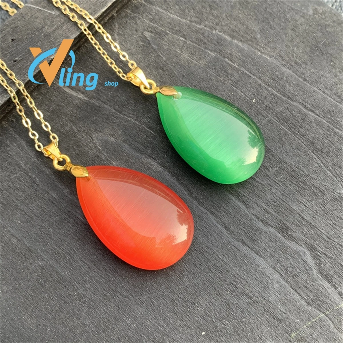 

Agate Jade Double Sided Water Drop Pendant Necklace Cat Eye StoneJewelry Exquisite Fashion Gift Charm Retro Amulet Simple