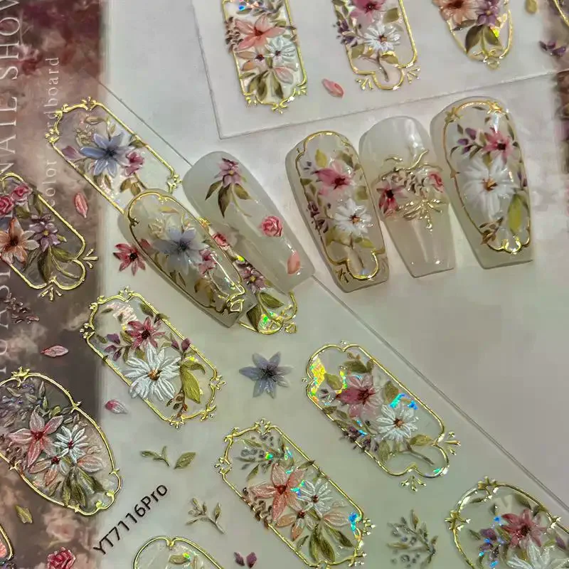 5D Embossed Flower Nail Art Stickers Glitter Laser Petal Self Adhesive Nail Slider Decals Decorations Accessories DIY