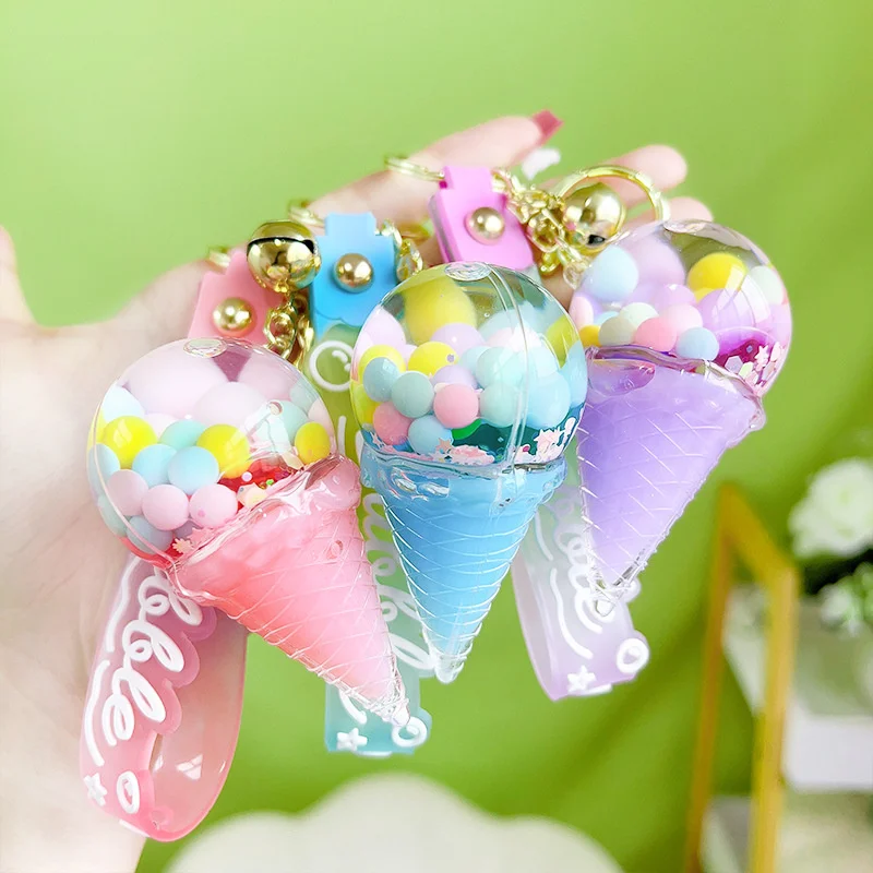 Creative Ice Cream Design Liquid Keychain Cartoon Style with Floating Colorful Beans for Girls Unique Gift Floating Sequins Bag