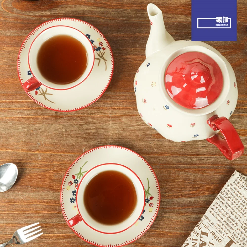 SHUNXIANG Ceramic Teaware Sets Retro Floral Pattern Teapot Cup Afternoon Cup Porcelain Coffee Cup Saucers Gift Box Set