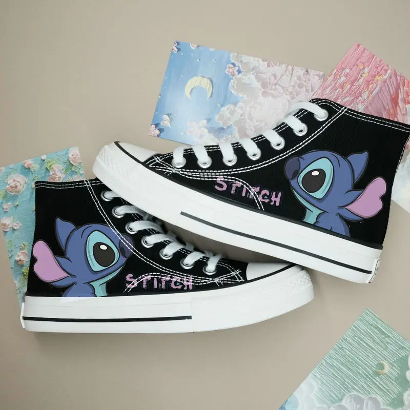 Disney Lilo & Stitch Kids Sneakers Cartoon Flat White Children\'s High Top Canvas Shoes Boys Girls New Student Casual Shoes