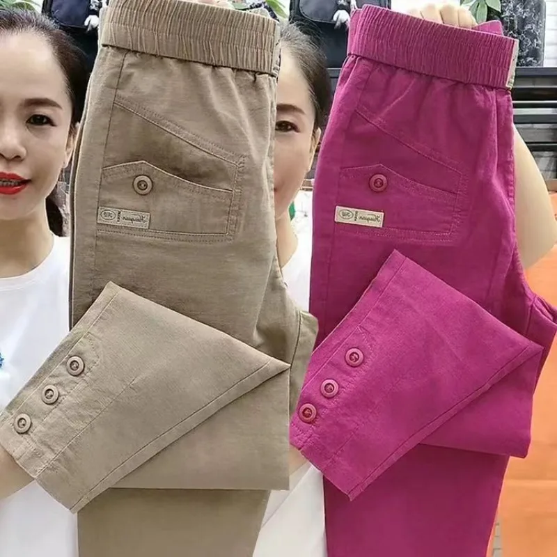 Women Spring Summer Pop Fashion High-end Ladies Washed Cotton Casual Pants Straight Pants High-Waisted Long Pants Skinny