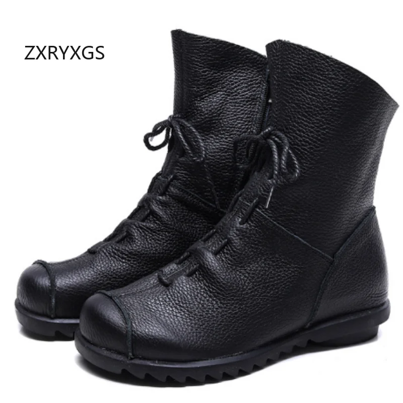 ZXRYXGS Large Size Real Leather Autumn Boots Single Shoes Flat Non-slip in-tube Roman Boots 2025 Women Winter Boots Snow Shoes