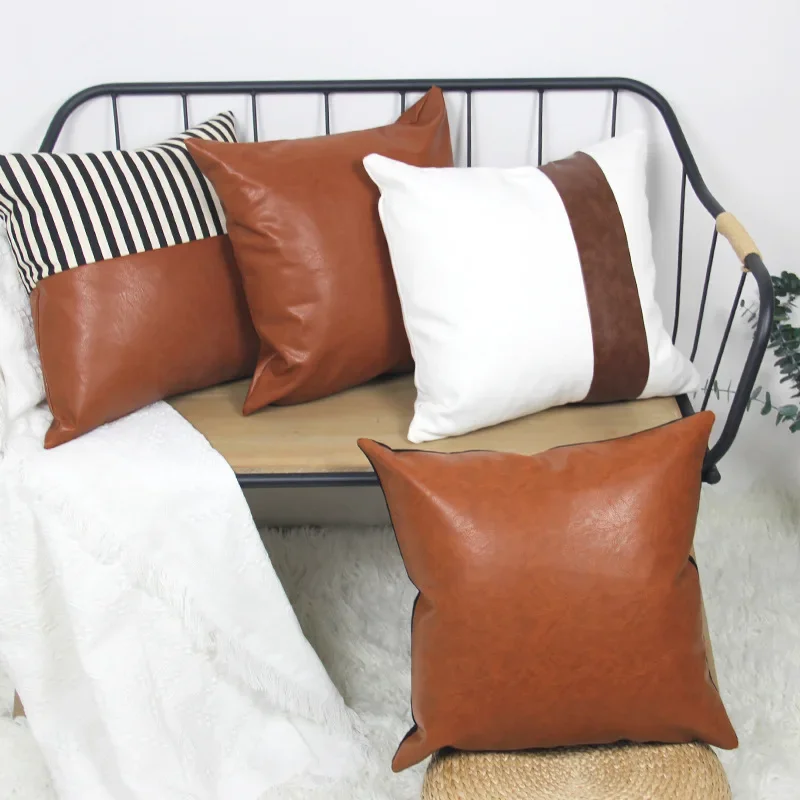 American Modern Style Cushion Cover Nordic Simple Brown PU Leather Pillow Case For Sofa Living Room Car Home Decor 45x45cm