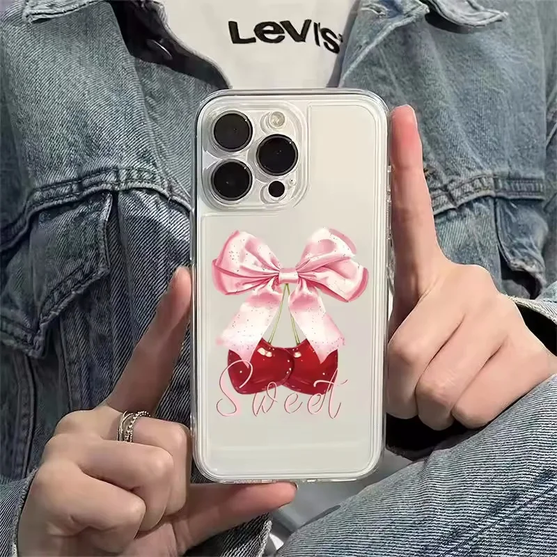 Cherry Colored Cute Bowknot Clear Phone Case For Samsung S25 S26 Ultra S24 S23 S22 S21 S20 S23FE A54 A53 A33 A14 Soft TPU Cover