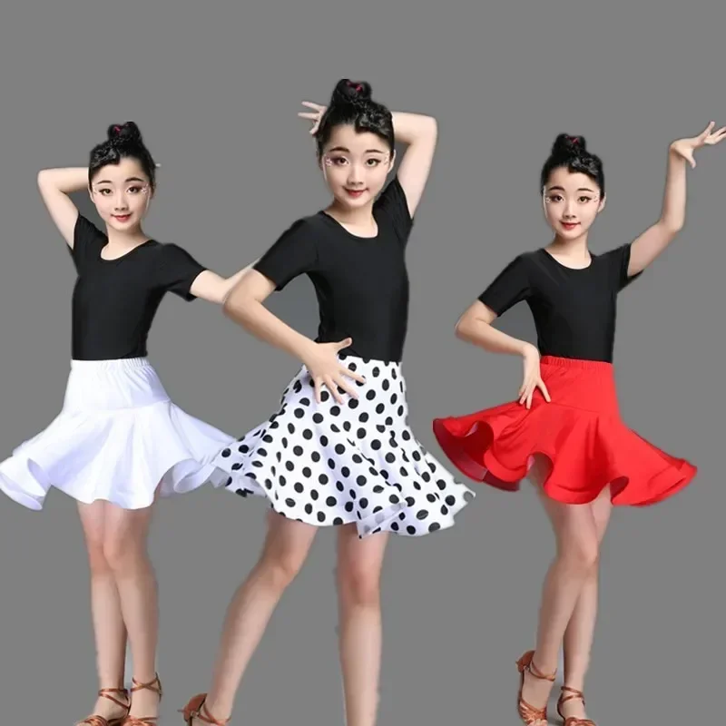 Rok dansa Rumba Latin lengan pendek untuk anak perempuan, rok dansa Modern, kostum latihan kompetisi, pertunjukan panggung, pesta Ballroom, kostum anak perempuan
