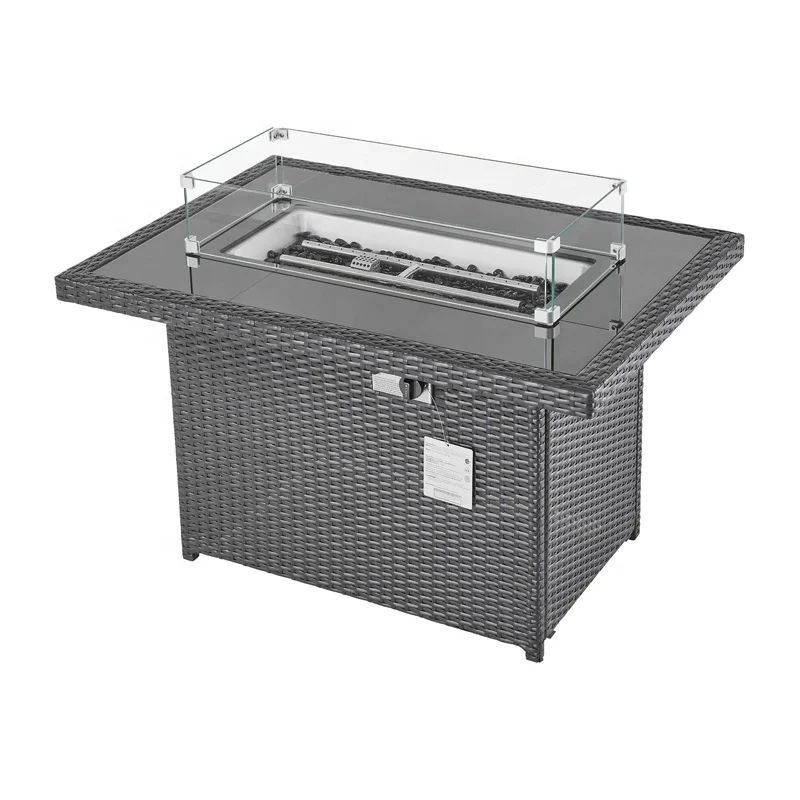 Modern Waterproof Rectangle Garden Wicker Furniture Outdoor Patio Rattan Aluminum Dining Fire Pit Table with Smokeless Tabletop