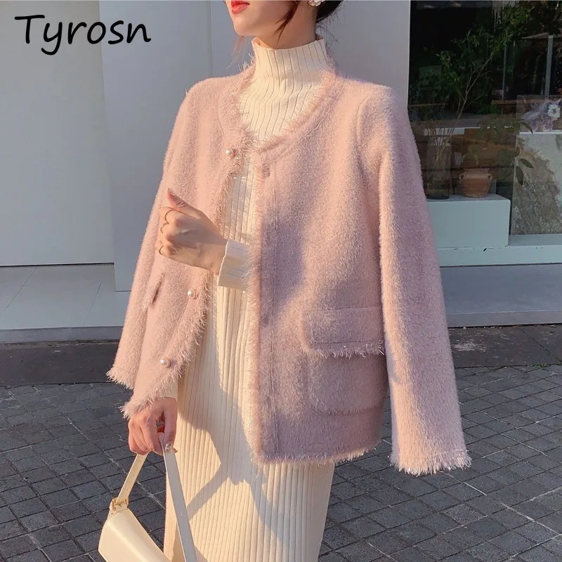 

Pink Cardigans Women Sweet Cute Pearl Button Pocket Design Tassel French Trendy OL Age-reducing Aesthetic Autumn Knit Sweaters