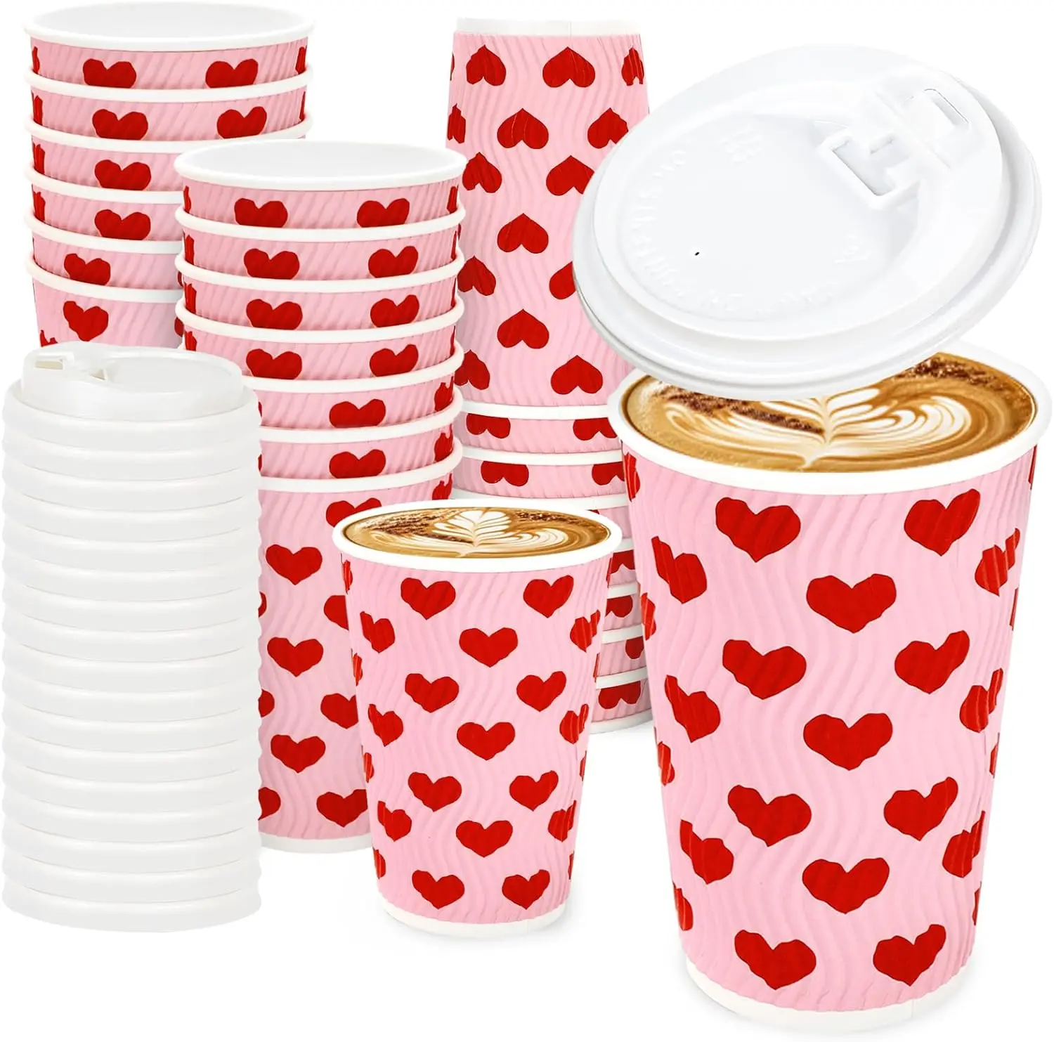 

100Pcs Valentine's Day Disposable Coffee Cups with Lids Red Pink Heart Paper Cups Love Heart Corrugated Ripple Wall Insu
