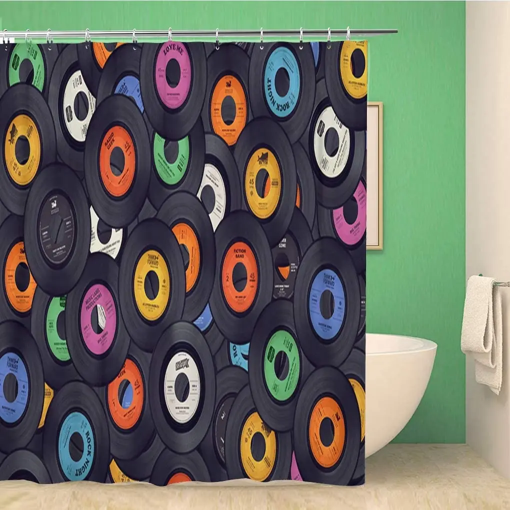 Bathroom Shower Curtain Pop Vinyl Records Music Album Retro Sixties Disco Old 60x72 Inch Waterproof Bath Curtain Set with Hooks