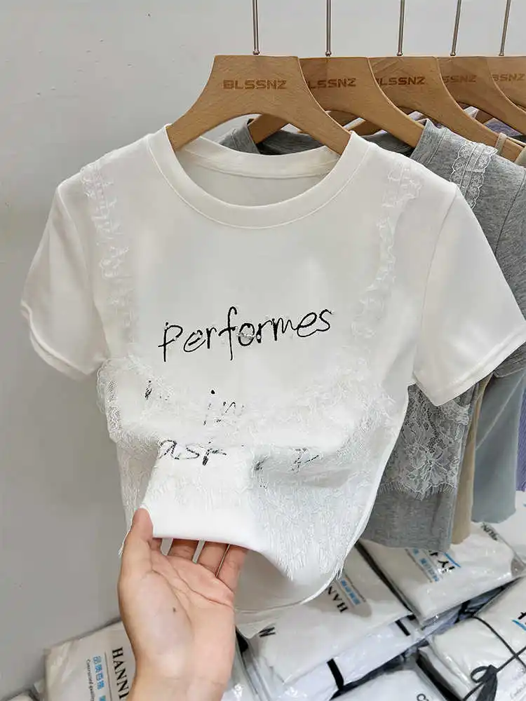 

Summer Lace Patchwork T-shirt Women Round Neck Letter Printed Pearl Short Sleeve Top Korean Fashion Girls Fake Two-piece Tees