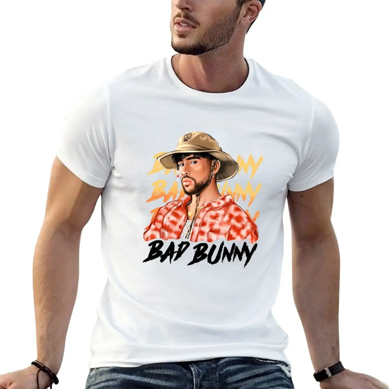 

Bad Bunny in Panama Hat Un Verano Sin Ti Illustration T-Shirt street wear custom t shirt mens workout shirts