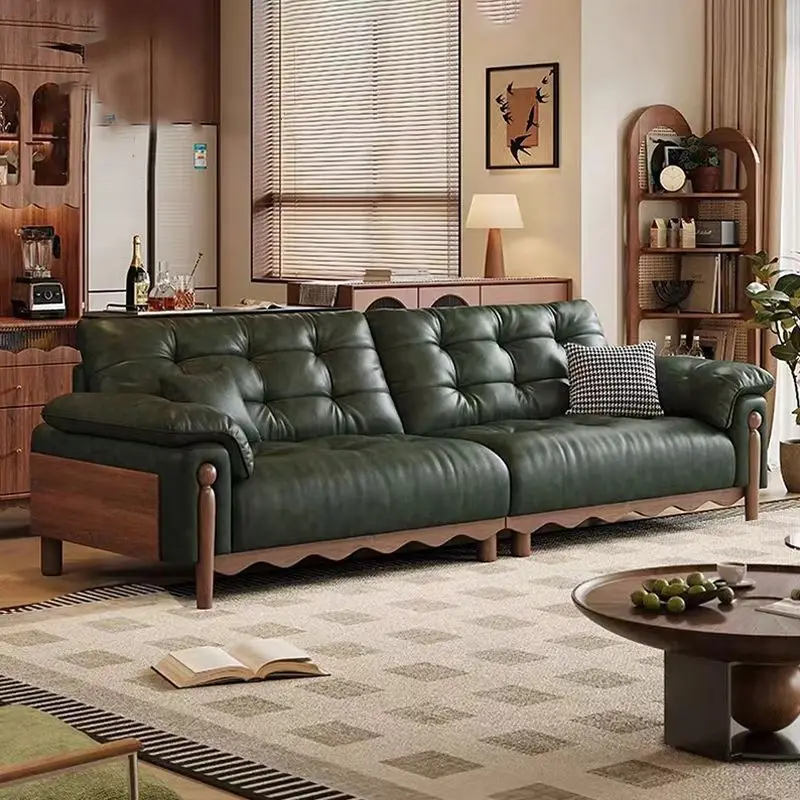 

Medieval style living room solid wood sofa 2026 new cloud leather sofa retro oil wax leather sofa straight row