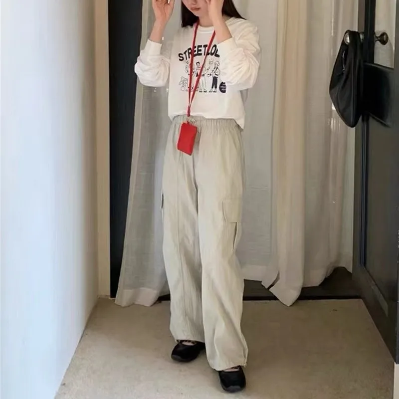 Johnature Cargo Style Elasticated Waist Pocket Drawstring Cargo Pants 2024 Autumn New Casual Solid Color Outdoor Women Pants