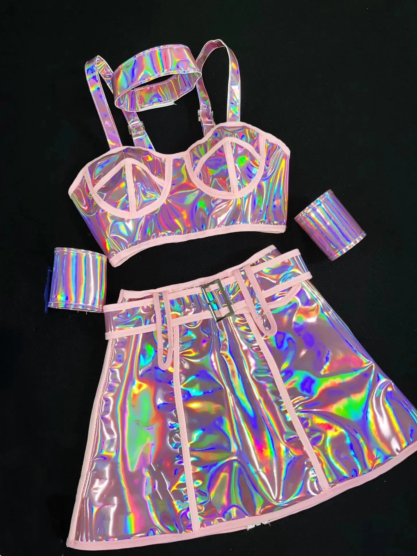 Roze Blauw Laser Lederen Tops Rok Team Dans Kostuum Vrouwen Verjaardagsfeestje Carnaval Club Rave Outfit Danser Prestaties Kleding
