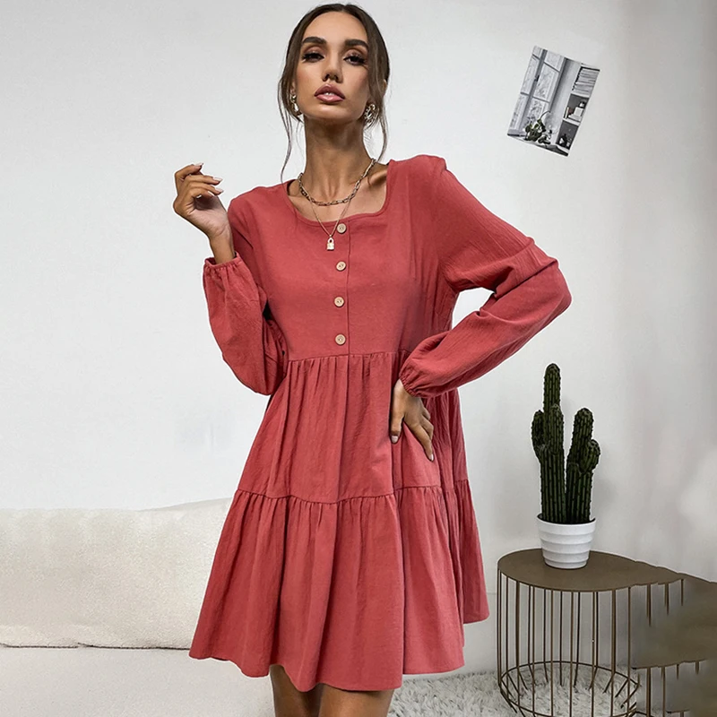 

Ardm Casual O-Neck With Button Red Auturn Mini Dresses For Women 2022 Long Sleeve Pleated Loose Party Dress Vestidos